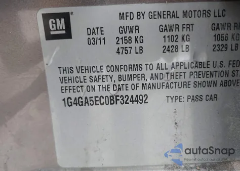 2011 Buick Lacrosse Cx from USA, damaged, VIN 1G4GA5EC0BF324492